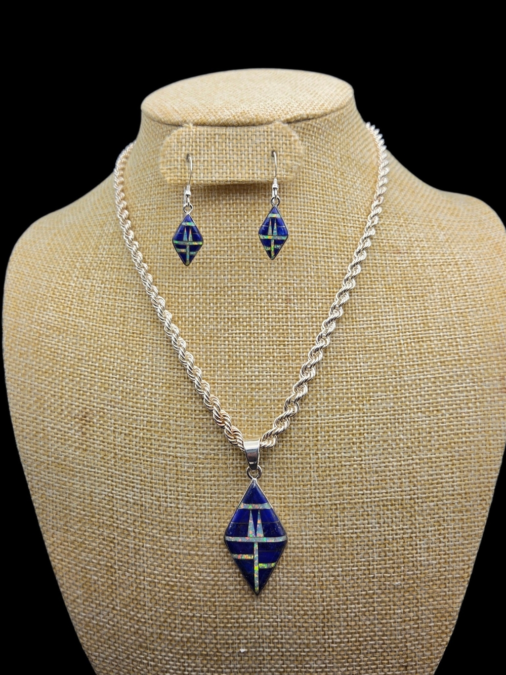 Blue Inlay Diamond Pendant Necklace and Earrings Set
